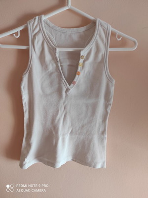 Ribbed cotton sleeveless top like new, white with pastel buttons, sizes XS S