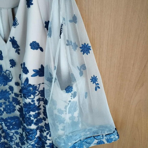 Handmade beige dress with blue embroidery and tulle, size XL