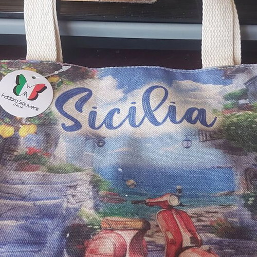 Canvas handbag new medium size from Sicily, white multicolor