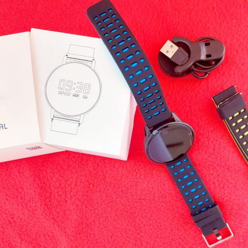 Smart watch, gold with beige strap and black with extra straps