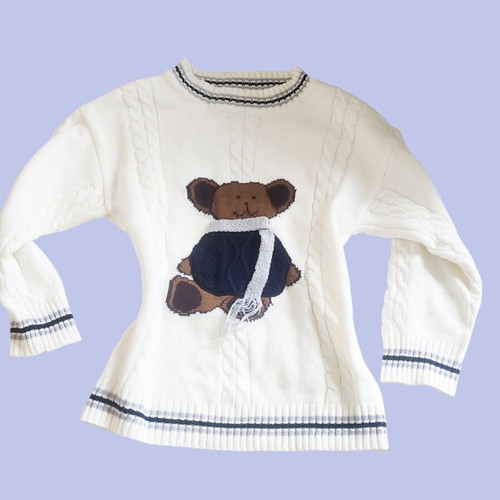 Cotton cable knit sweater with teddy bear, like new, navy and white