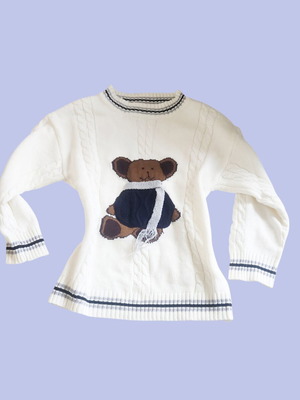 Cotton cable knit sweater with teddy bear, like new, navy and white