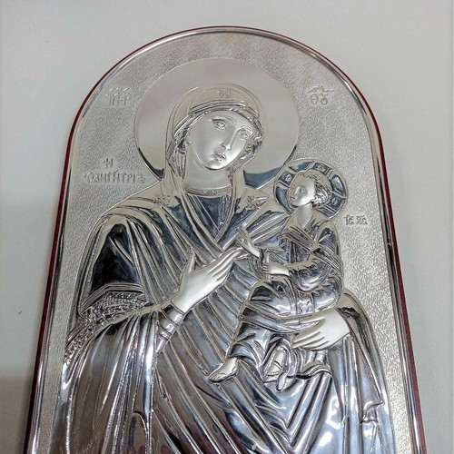 Silver icon of Panagia Odigitria in wooden frame