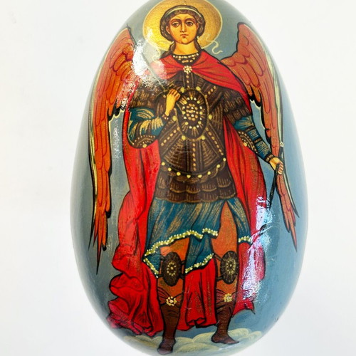 Wooden hand-painted egg with Archangel Michael used, Russia 1980s