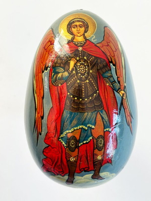 Wooden hand-painted egg with Archangel Michael used, Russia 1980s