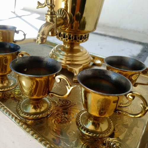Small Russian Samovar OA Moscow new with tray and 6 tea cups