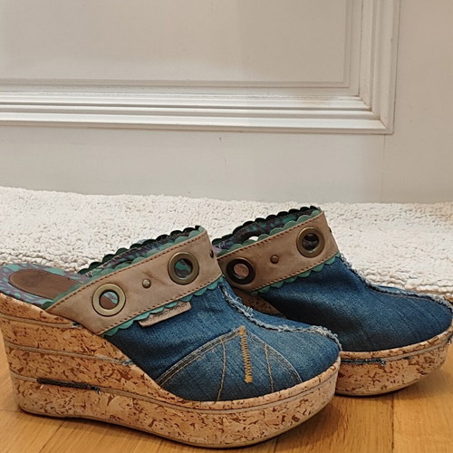 Fornarina Vintage Denim Wedges Mules Y2K Style Size 39 Like New