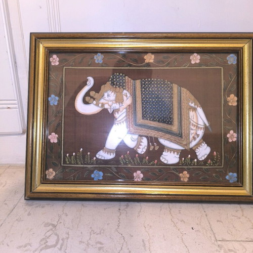Vintage Indian elephant painting on silk used, handmade