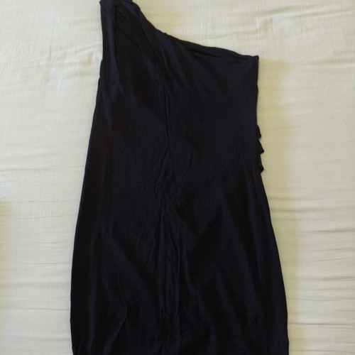 Black elastic mini dress with one shoulder and ruched side, size M, like new
