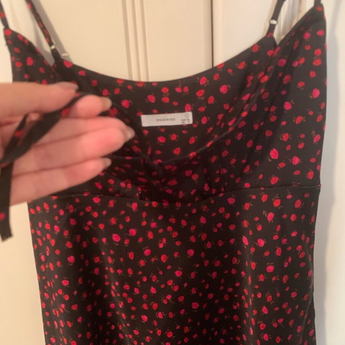 Midi satin dress with cherries like new, adjustable straps