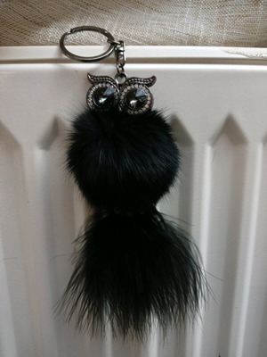 Owl Fur Keychain new, black and silver with rhinestones