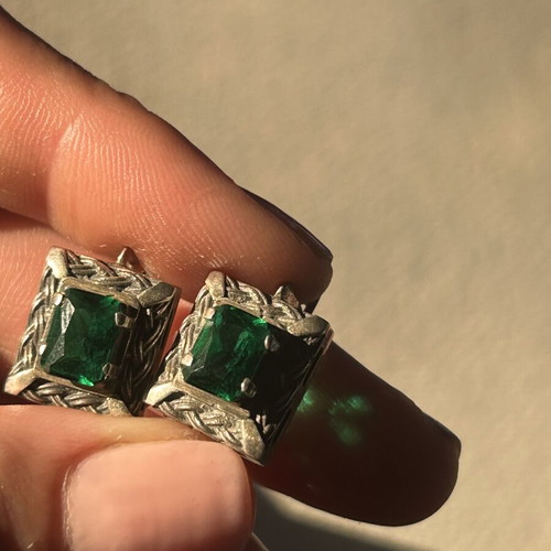 Vintage 925 Silver Ring and Earrings Set with Green Emerald Stones