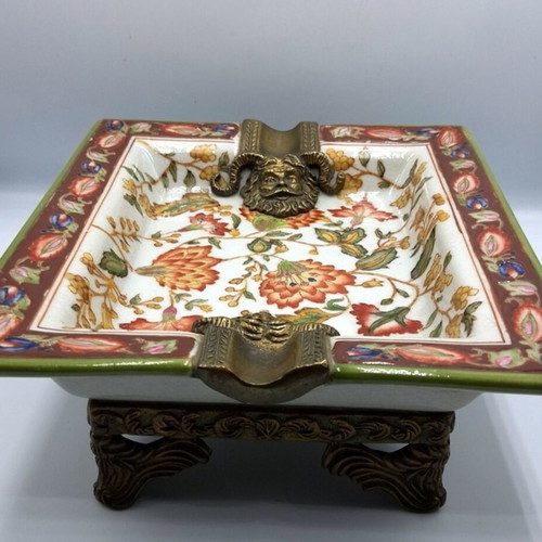Wong Lee Porcelain Ashtray with Crackle and Bronze Details like new