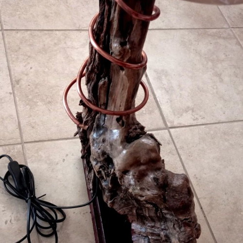 Handmade Driftwood Table Lamp with Copper Spiral and New Lampshade