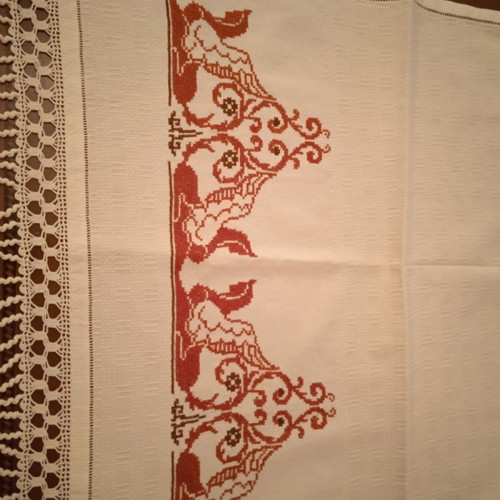 Handmade white embroidered table runner tzevres in terracotta-brown shades