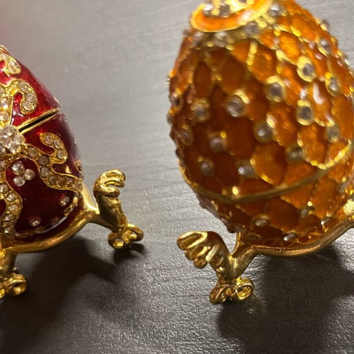 Set of 2 decorative enamel and strass egg jewelry boxes like new