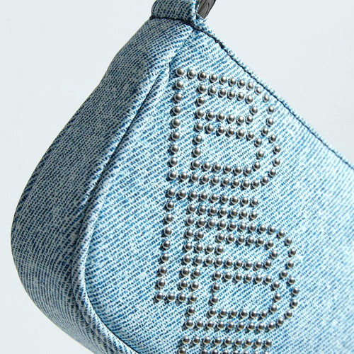 By Far Rachel Mini Bag New Denim Print with BF Logo Studs