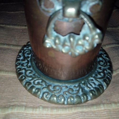 Copper cup used with embossed bronze base and handles