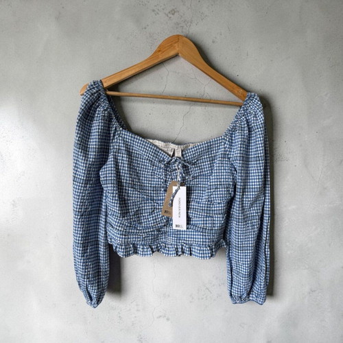 Forever New Blue Gingham Crop Top Blouse, Size S/M