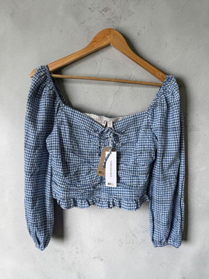 Forever New Blue Gingham Crop Top Blouse, Size S/M