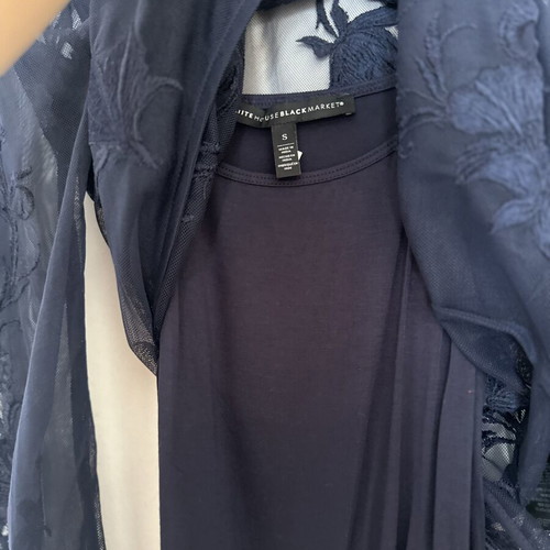 White House Black Market navy blue sheer mesh top with embroidered floral details size small new