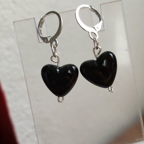Handmade hypoallergenic earrings new with silver hoops and black hearts