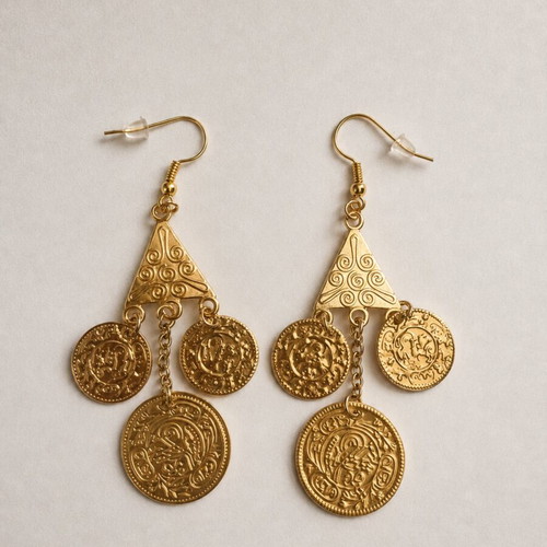 Traditional earrings with gold-tone coins, new