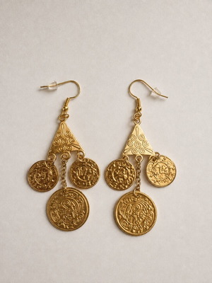 Traditional earrings with gold-tone coins, new