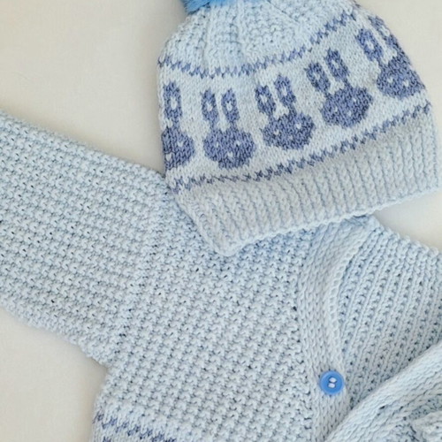 Handmade knitted baby set jacket and hat with bunny design, new