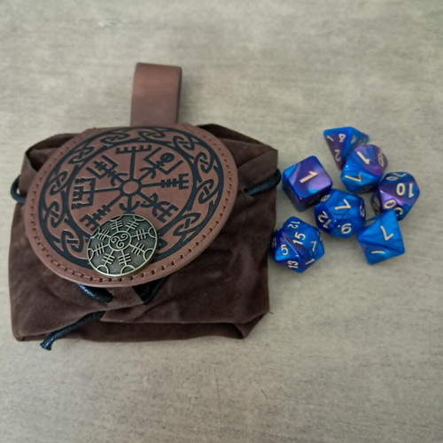 Runic leather dice bag with purple blue marbled D&D dice set