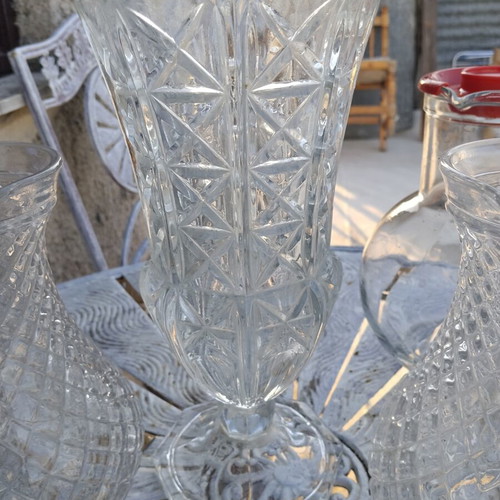 Vintage glassware set of 5 pieces, used, including pitchers and vase