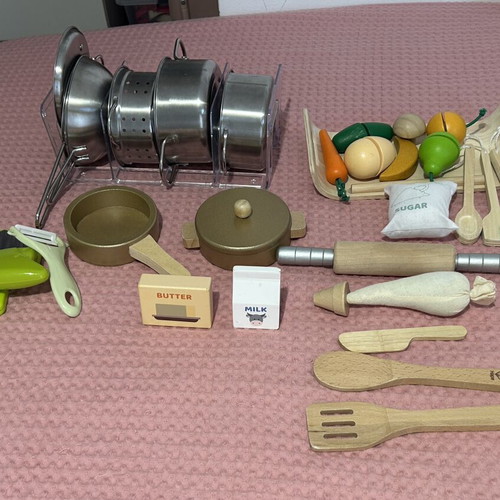 Hape Wooden Kitchen Toys Like New with Metal Pots and Wooden Fruits