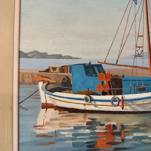 Oil painting by I. Sergoulopoulos used, framed, Aegina - Agios Nikolaos harbor