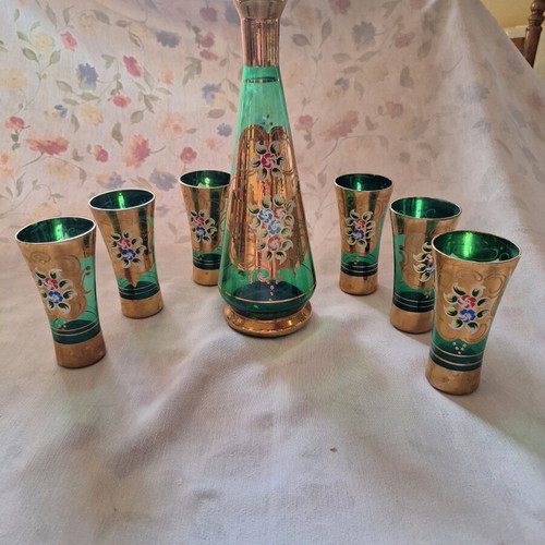 Vintage wine or ouzo serving set, like new, emerald crystal with gold