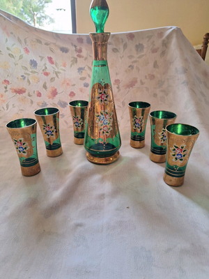 Σερβίτσιο βοημίας κρασιού ή ούζου vintage, σαν καινούργιο, κρύσταλλο σμαραγδί