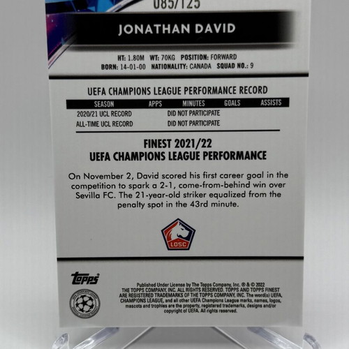 21-22 Topps Finest UCL Jonathan David Rookie Card Purple/Pink Vaporwave 85/125 like new