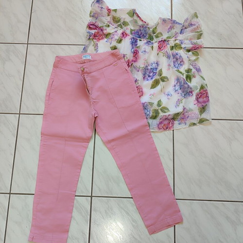 Mayoral floral chiffon tunic and pink pants set for girls