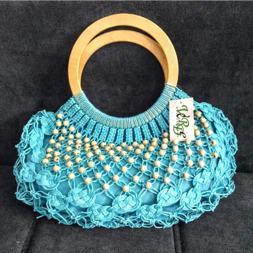Handbag turquoise handmade cotton with lining