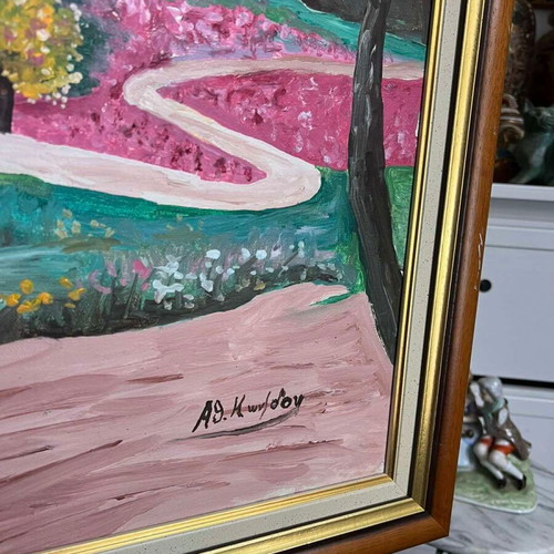 Painting on Island with Chapel like new, framed art
