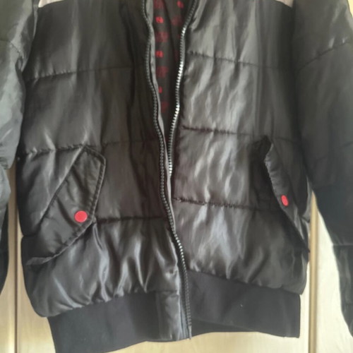 Windbreaker jacket used, black with red and white stripes, hooded