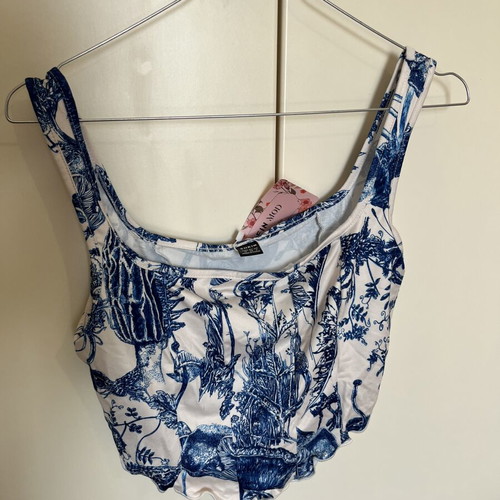 Crop top tank top new, size M, white and blue
