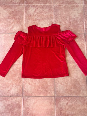 Luigi velour off shoulder blouse deep red like new, one size
