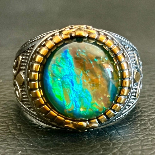 Chameleon Stone Gothic Ring new, stainless steel, green and gold