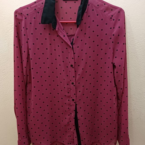 Bershka fuchsia semi-transparent shirt with polka dots and black collar size S like new