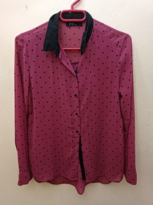 Bershka fuchsia semi-transparent shirt with polka dots and black collar size S like new
