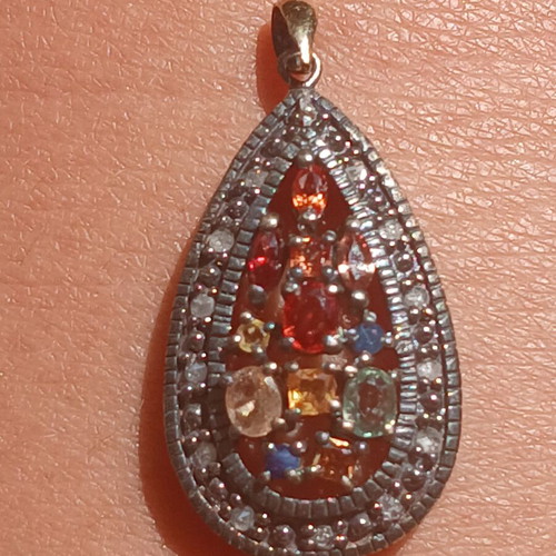 Pendant with semiprecious stones and diamonds, 925 silver and 9k gold ring