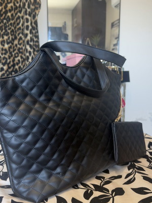 Large black handbag with gold details and extra pouch, new