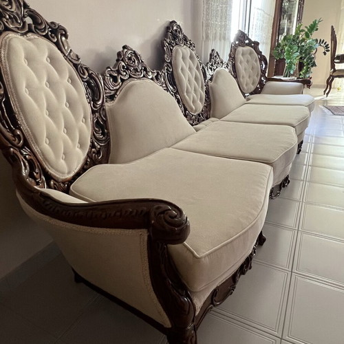 Carved Canadian Solid Wood Living Room Set like new with Marble Tables