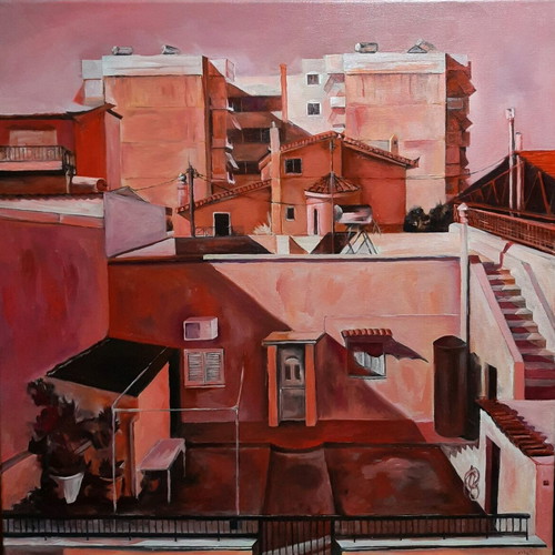 Oil painting new urban landscape on red canvas