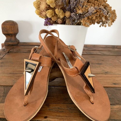 Meet The Cat leather sandals new, wood and plexiglass details, size 37